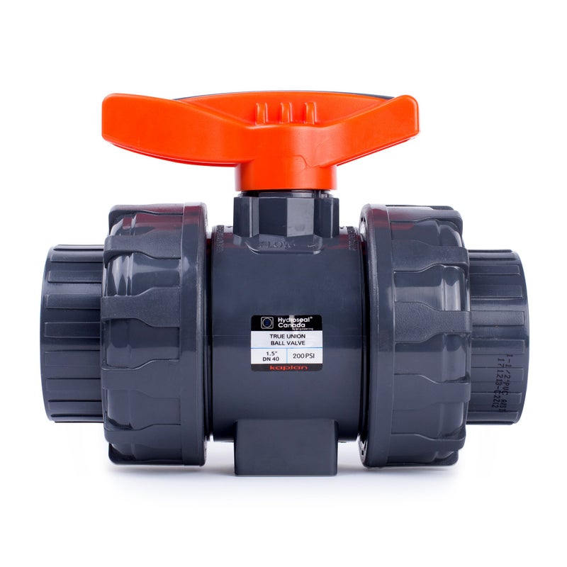 HYDROSEAL Kaplan PVC 1 1/2" True Union Ball Valve with Full Port, ASTM F1970, EPDM O-Rings and Reversible PTFE Seats, Rated at 200 PSI @73F, Gray, 1 1/2 inch Socket (1 1/2") - Image 1